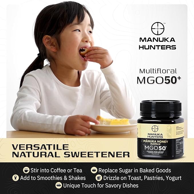 Manuka Hunters/MGO 50+ Certified New Zealand Manuka Honey - 100% Pure Natural Sweetener - Gluten, Dairy Free - Ideal for Tea, Coffee, Smoothies, and Baking - Sustainable - 8.8oz/250g Jar