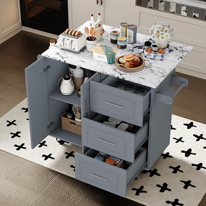 4 EVER WINNER Kitchen Island on Wheels with Storage and Drop Leaf, Marble Tabletop, 43" Kitchen Island Cart with Towel Rack & Spice Rack, Rolling Islands cart for Kitchen, Gray