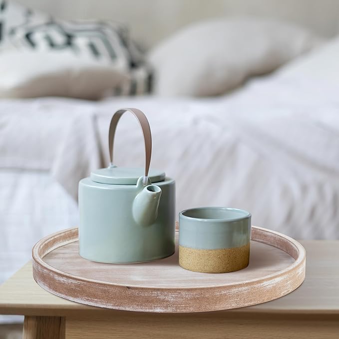 Rustic Round Wood Decorative Coffee Table Tray Farmhouse Decor with Wood Texture Boho Ottoman Serving Tray for Kitchen Counter Home (Grey White)