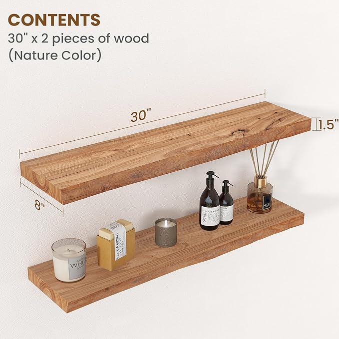 Floating Shelves for Wall Decor, Rustic Solid Elm Wood Live Edge Floating Shelves Wall Mounted, Wall Shelves with Invisible Bracket for Living Room Bathroom Bedroom Kitchen, 30 Inch Set of 2, Natural