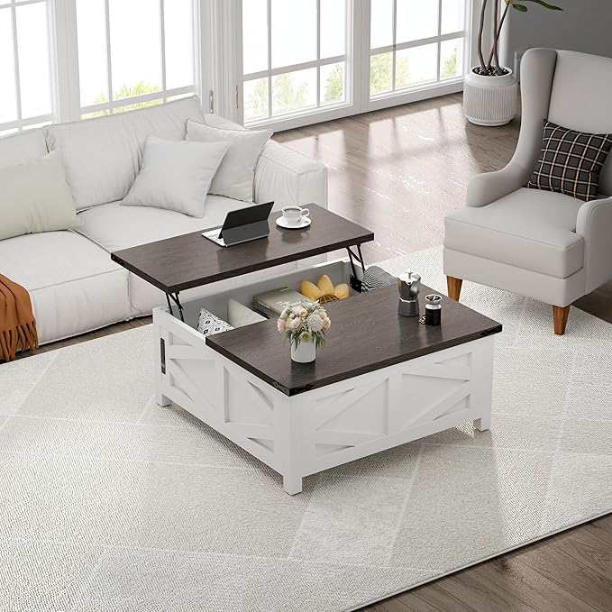 TOLEAD 36" Farmhouse Lift Top Coffee Table with Storage, Square Coffee Table with Charging Station, Living Room Center Table with Large Hidden Space, White