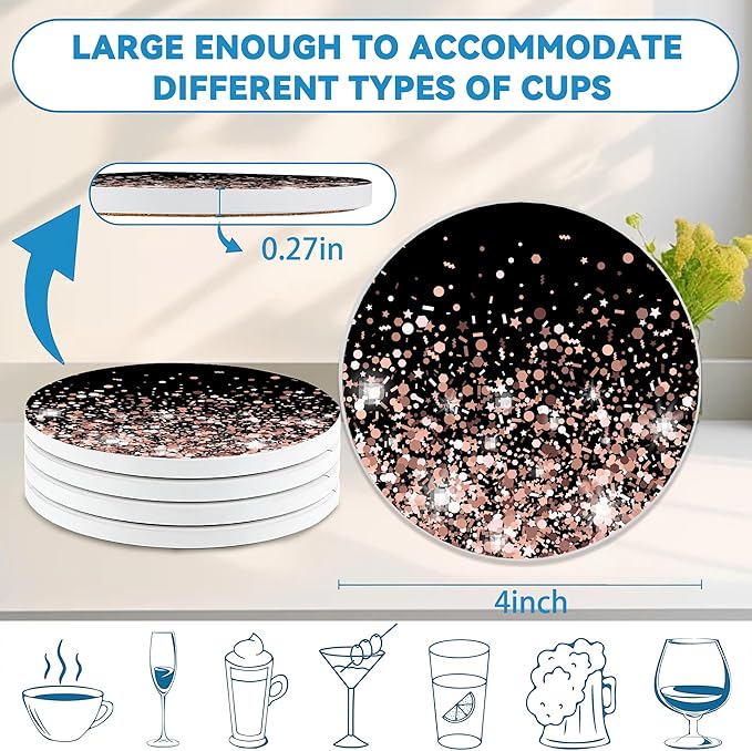 Drinks Coasters Set of 4, Sparkling Rose Gold Glitter Round 4" Cup Coasters, Absorbent Ceramic Stone Coasters with Cork Base, Cute Coasters for Table Home Décor, Ideal Gifts for Women Men
