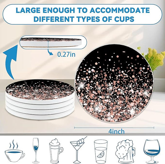 Drinks Coasters Set of 4, Sparkling Rose Gold Glitter Round 4" Cup Coasters, Absorbent Ceramic Stone Coasters with Cork Base, Cute Coasters for Table Home Décor, Ideal Gifts for Women Men