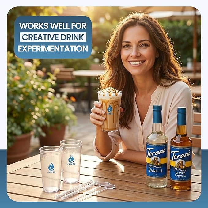 Jimoco Barista Set – Torani Sugar Free Vanilla & Caramel Classic Syrups (25.4 oz Each) with 2 Jimoco Syrup Pumps, Reusable Cups, Straws & Stirrers – Coffee, Italian Soda & Cocktail Flavoring Kit
