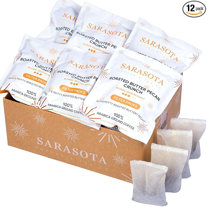 Ground Flavored Coffee In Filter Packs | Medium Roast Low Acid Mold Free Pouches | Butter Pecan Crunch Sampler Packets | Gourmet Powder Bags for 10–12 Cup Drip Maker | Highest Rated Individual Premeasured Coffee
