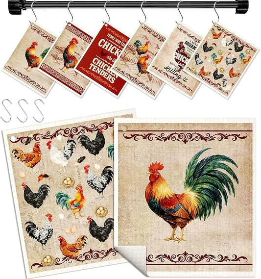 Kitchen Swedish Dishcloths with Hooks - 6 Pack Reusable Dish Cloths for Washing Dishes Fast Drying Cute Fun Swedish Dish Towels Washable Cleaning Sponge, Red Chicken