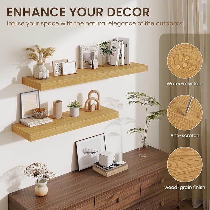 Fun Memories 32 x 12 Floating Shelves Wall-Mounted - Rustic Wood Shelf - 12 Inch Deep Floating Shelves for Wall - Large Storage Shelf for Bathroom - Kitchen & Bedroom - Oak - Set of 2