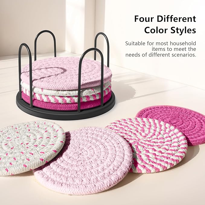 Coasters Set of 8 for Drinks, Beer, Coffee, Cotton Woven 4 Colors Absorbent Coaster with Holder, Boho Coasters for Home Decor Tabletop Protection Suitable for Kinds of Cups