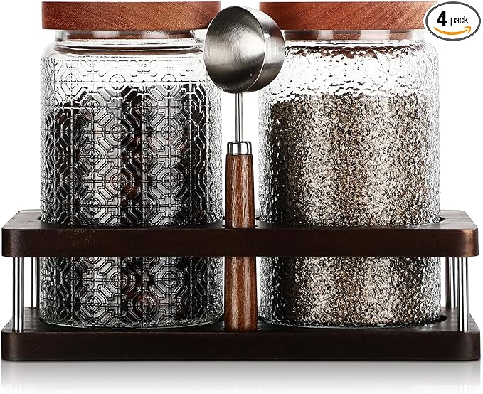 Suclain Glass Coffee Grounds Container with Shelf 2 x 34 oz Glass Coffee Bean Storage Canisters with Airtight Thread Lid and Measuring Spoon Food Storage Jars for Kitchen Sugar(Classic Style)