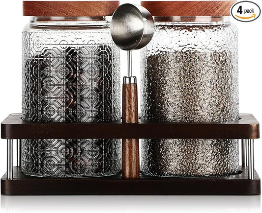 Suclain Glass Coffee Grounds Container with Shelf 2 x 34 oz Glass Coffee Bean Storage Canisters with Airtight Thread Lid and Measuring Spoon Food Storage Jars for Kitchen Sugar(Classic Style)