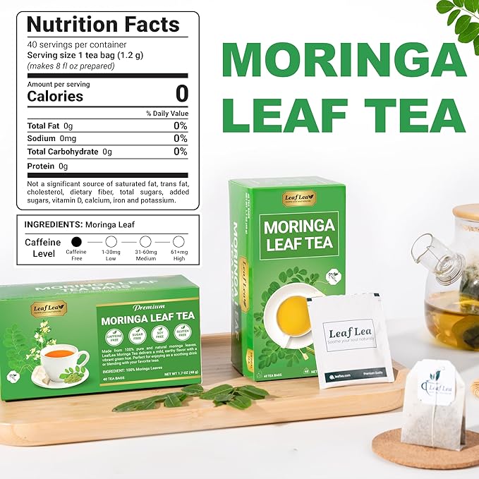 LeafLea Moringa Tea, 120 Fresh-Sealed Tea Bags, Premium Herbal Blend from 100% Natural Moringa Leaves, Supports Digestion & Immune Health, Caffeine-Free, Sugar-Free, Vegan, Non-GMO