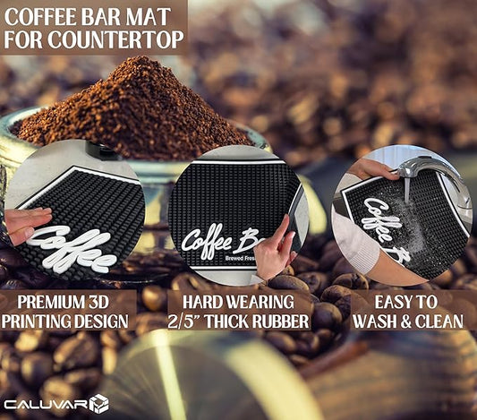 Coffee Station Mat Brewed Fresh Daily Self Serve Coffee Bar Mat for Countertop, Large 18 x 12 in for Modern Kitchen Decor and Accessories, Bar Mats for Bartending