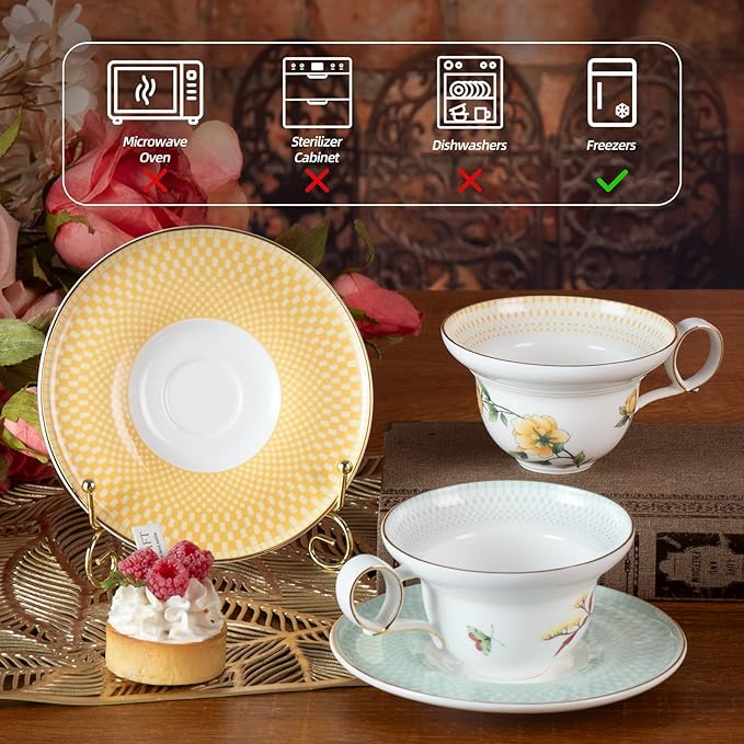 KAMMAK Ceramic Coffee Cups Saucers Set of 2, Porcelain Espresso Cups with Saucers, 5.92 oz Handmade Elegant Bone China Tea Cup, Ceramic Floral Pattern Demitasse for Latte, Americano, Cappuccino