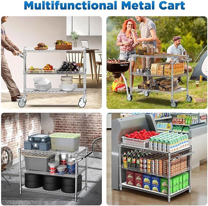 Leteuke Heavy Duty Rolling Utility Cart, 45 Inch Kitchen Carts with Wheels, NSF Commercial Grade with Handle & Shelf Liners, 1120LBS Storage Cart for Kitchen,Restaurant,Plant Display-Chrome