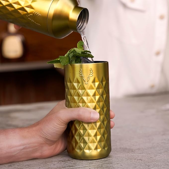 Viski Paragon Stainless Steel Highball Tumbler Cup with Lid, Insulated Ceramic Lined Metal Cocktail Glass for Patio, Outdoor Party, Wedding Gifts, Gifts for Drink Lovers, 16 oz, Set of 1, Gold