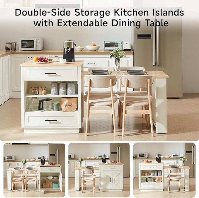 ONBRILL 76" Kitchen Islands with Extendable Dining Table, 2-4 Island Table with Double-Side Storage, Mobile Storage Islands Cart with Power Outlet & Spice Rack, White