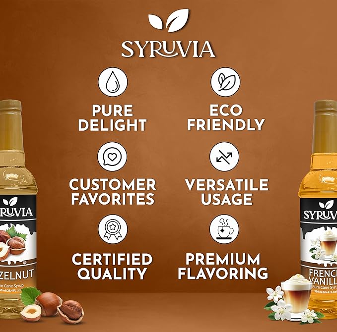 Syruvia Coffee Syrup Variety Pack - Hazelnut & French Vanilla- Gluten-Free, Kosher, 25.4 fl oz Bottles - Enhance Your Coffee Experience with Premium Flavoring Syrups