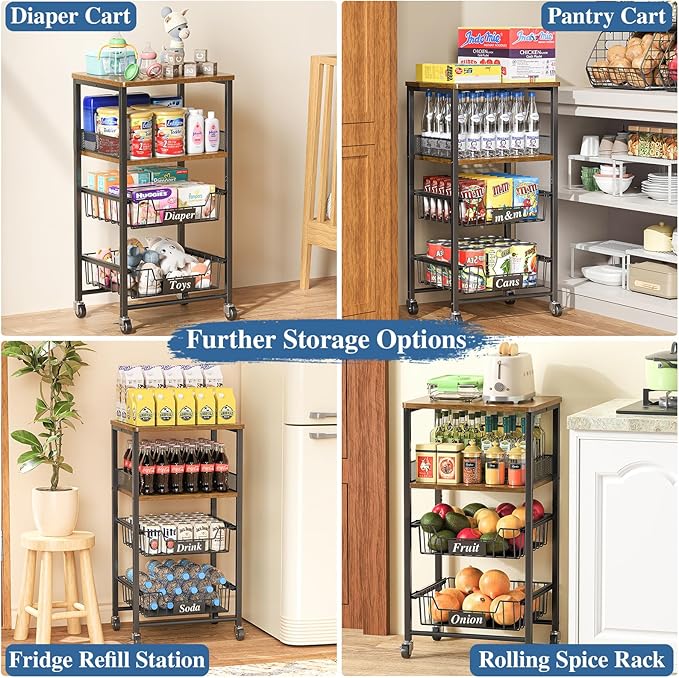 4 Tier Rolling Cart with Drawer Baskets, Metal Utility Storage Cart with Wheels and Wood Top for Living Room, Kitchen, Home Office, Bedroom, Pantry, Baby Essential, Makeup, Snack, Craft, Black