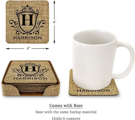 Smile Art Design Family Personalized Monogram Coaster Set of 6 with Base Square Burlap Material Family Name Personalized Prints House Warming Wedding Gift Dining Room Kitchen Rustic Decor Style4