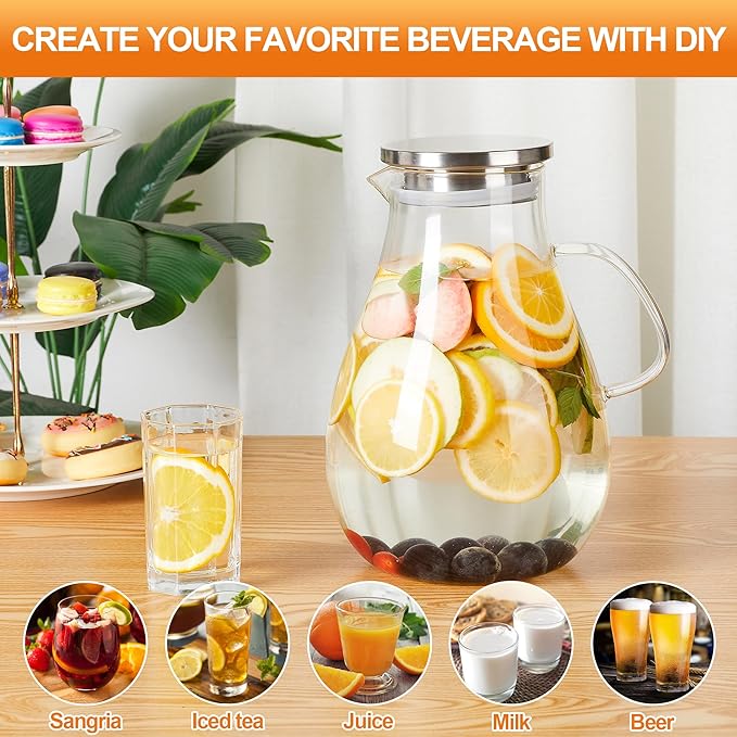 1 Gallon Glass Pitcher with Lid and Handle, Hot & Cold Water Jug, Extra-Wide Mouth Beverage Carafe for Juice, Iced Tea & Drinks