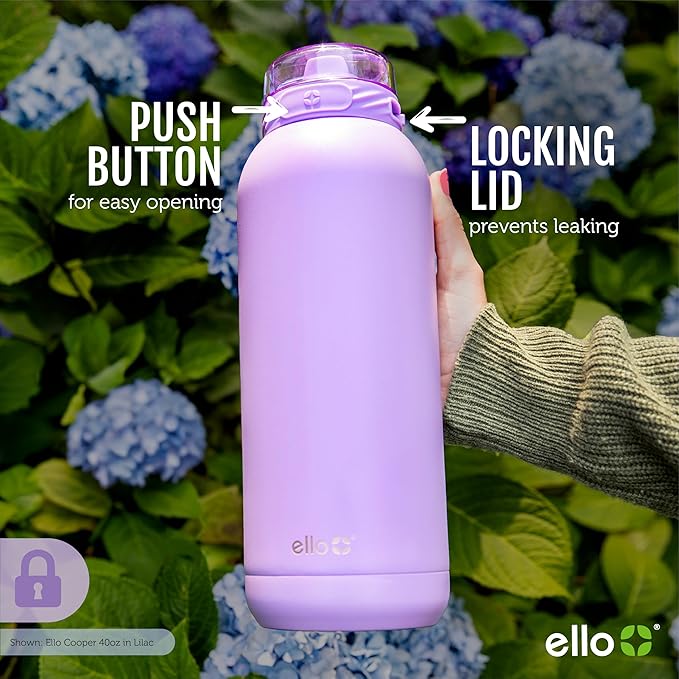 Ello Cooper 40oz Stainless Steel Water Bottle Vacuum Insulated with Straw and Carry Handle, Leak Proof Locking Lid with Soft Silicone Spout, Dishwasher Safe, Acorn Squash