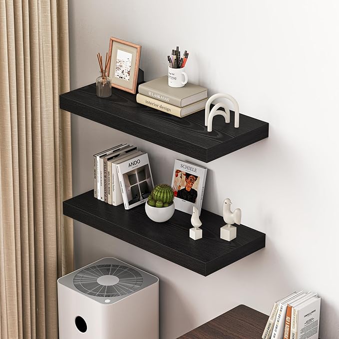 Dreamland 32" Floating Shelves for Wall, 12" Deep Thicker Black Floating Shelves, Wall-Mounted Shelves for Bedroom, Living Room, Kitchen, Bathroom - Set of 2