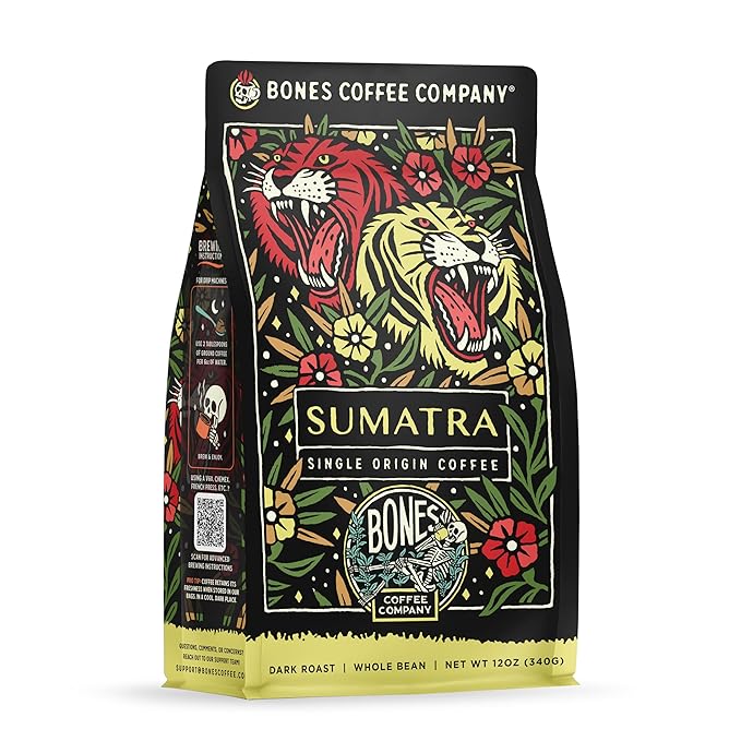 Bones Coffee Company Sumatra Single-Origin, Dark Chocolate, Smoky Earthy Notes, Whole Coffee Beans, Low Acid Darl Roast Arabica Beans Flavored Coffee, 12 oz Whole Bean