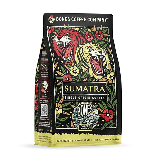 Bones Coffee Company Sumatra Single-Origin, Dark Chocolate, Smoky Earthy Notes, Whole Coffee Beans, Low Acid Darl Roast Arabica Beans Flavored Coffee, 12 oz Whole Bean