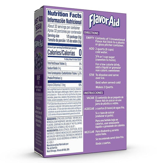 Flavor Aid Grape Unsweetened Drink Mix Pitcher Packets, 2 Quart (6 Sticks), 72 Count