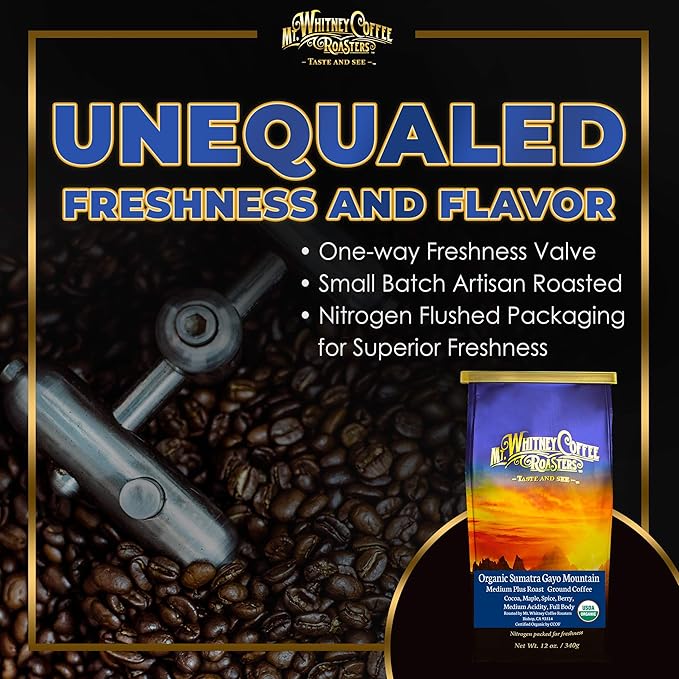 Mt. Whitney Organic Gayo Mountain Sumatra, Medium Dark Roast, Low Acid Coffee (Ground, 12 Oz)