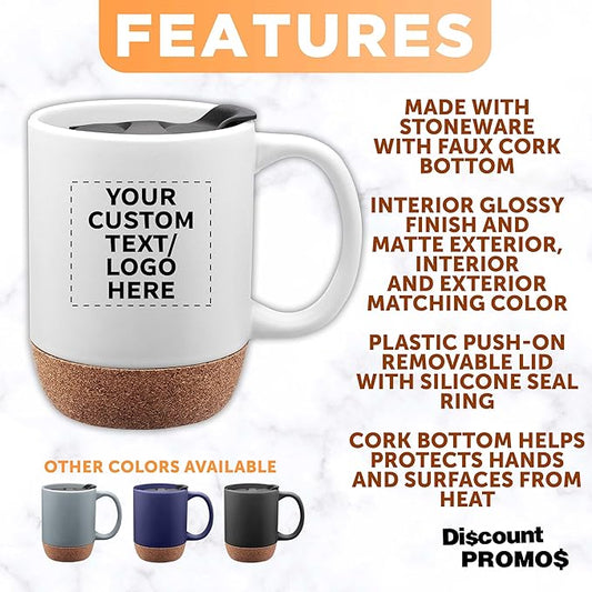 Custom Barista Ceramic Mugs with Cork Bottom 13 oz Set of 12/36/72 Personalized Bulk Pack Perfect for Coffee Tea Espresso Hot Cocoa Other Beverages - White