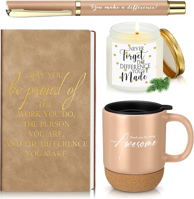 4 Pcs Thank You Gift Set for Men Women Employee Coworker Gifts Inspirational Appreciation Notebook Coffee Mug Scented Candle Pen for Valentine's Day Team Office Staff Nurse Volunteer Teacher
