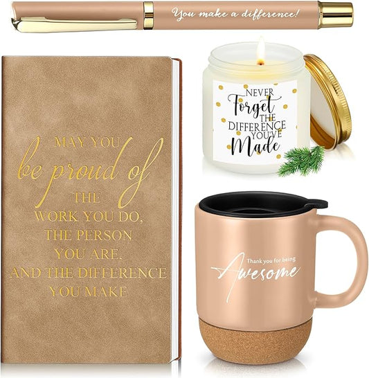 4 Pcs Thank You Gift Set for Men Women Employee Coworker Gifts Inspirational Appreciation Notebook Coffee Mug Scented Candle Pen for Valentine's Day Team Office Staff Nurse Volunteer Teacher