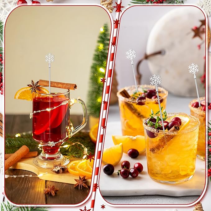 10 Pack Winter Snowflake Drink Stirrers Hot Cocoa Bar Chocolate Supplies Cocktail Stir Sticks Metal Swizzle Sticks 7.9 Inch Snowflake Coffee Stirrers Reusable for Winter Party Decor