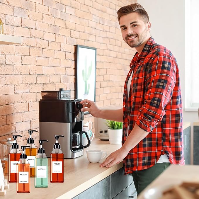 Nuogo 6 Pcs Coffee Syrup Dispenser Set 750ml, 500ml, 300ml, 150ml Pet Black Syrup Bottles with Pump Dispenser 27 Labels for Coffee Bar Kitchen Accessories Portable Travel(16.9 oz,Square)