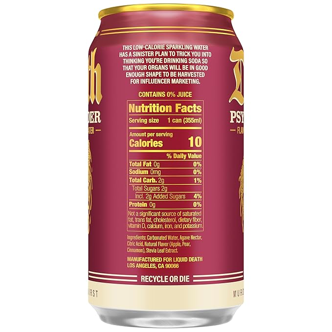 Liquid Death Soda-Flavored Sparkling Water - Psycho Cider (Apple Cinnamon), Less Sugar*, Huge Flavor, No Caffeine, No Artificial Sweeteners, 12 Fl Oz (Pack of 12)