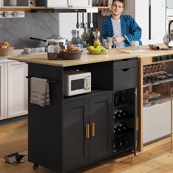 Rolling Mobile Kitchen Island Cart with Desktop Drop Leaf Countertop, Island Table Storage with 5 Wheels, Rolling Kitchen Cabinet with Power Socket (Black, Model 2)