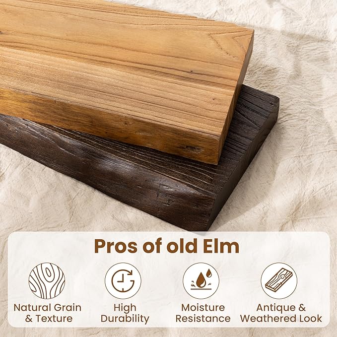 55 Inch Long Floating Shelves for Wall, Live Edge Floating Shelf Wall-Mounted for Bedroom Kitchen Living Room, Real Solid Elm Wood Wall Shelf with Heavy-Duty Bracket for Books Decor Storage, Natural