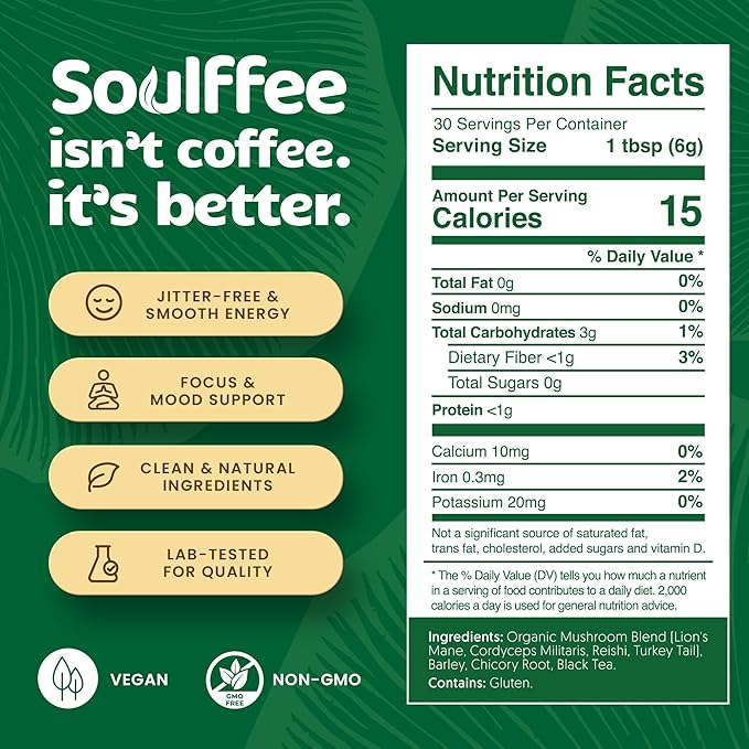 Mushroom Coffee Alternative with Chicory, Roasted Barley, Lion’s Mane, Cordyceps, Turkey Tail, Reishi, with 2200mg Functional Mushrooms, Vegan, Focus and Calm, 30 Servings