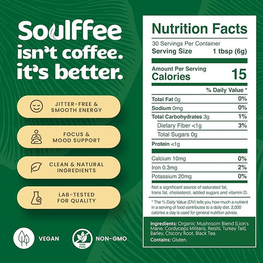 Mushroom Coffee Alternative with Chicory, Roasted Barley, Lion’s Mane, Cordyceps, Turkey Tail, Reishi, with 2200mg Functional Mushrooms, Vegan, Focus and Calm, 30 Servings