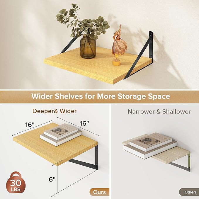 Deep Floating Shelves Wall Mounted, 16"x12" Oak Wall Shelves with Brackets Set of 2 for Bedroom, Living Room, Bathroom, Kitchen, Office - Storage & Display Shelf for Decor, Books, Plants