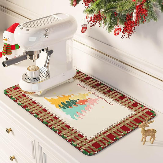 DK177 Coffee Mat - Dish Drying Mat for Kitchen Counter, Hide Stain, Absorbent with Waterproof Rubber Backing, Fit Kitchen Dish Rack Bar Accessories (Christmas Red, 19" x 12")