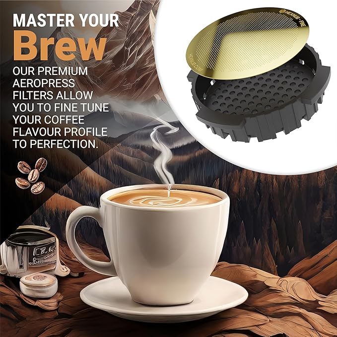 HEXNUB - Reusable Metal Filters for AeroPress Coffee Maker, Stainless Steel Filter Fits AeroPress Original & Go Cafe Press, Fuller Bodied Coffee Than Paper Filters - GOLD 2-PACK