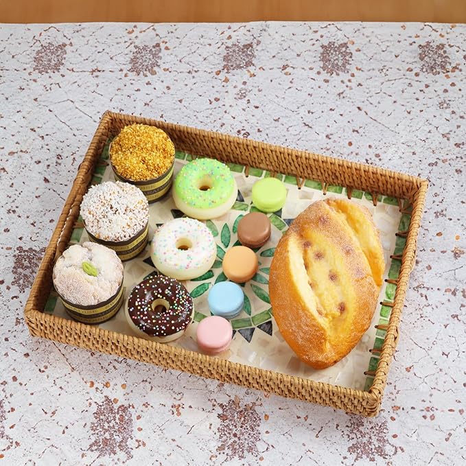 Rattan Serving Tray, Rectangle Coffee Table Tray with Mother of Pearl Inlay, Decorative Wicker Basket with Handle for Coffee, Bread, Fruits, Snacks, Table Decor (Bohemia)
