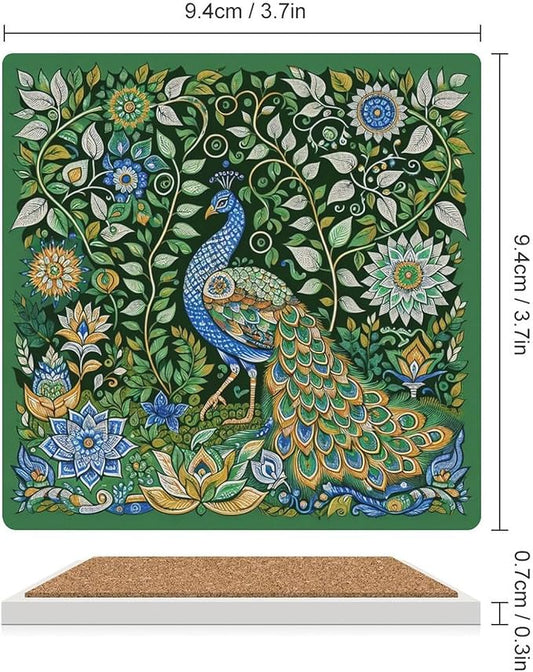 Square-6PCS Peacock Drink Coasters, Square Modern Ceramic Absorbent Coasters, Beautiful Green Plant Floral Peacock Boho Art Pattren Decor Desk Coffee Table Coaster for Beverage Cup Tea Coasters