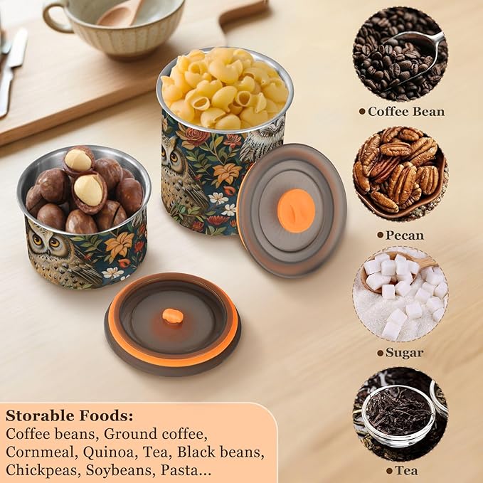 ALAZA Owl Rose Flower Airtight Coffee Bean Canister 900ml Food Storage Containers with Lids For Gournd, Tea, Sugar, Flour, Rice, Cereal, Candy Cookie Jar