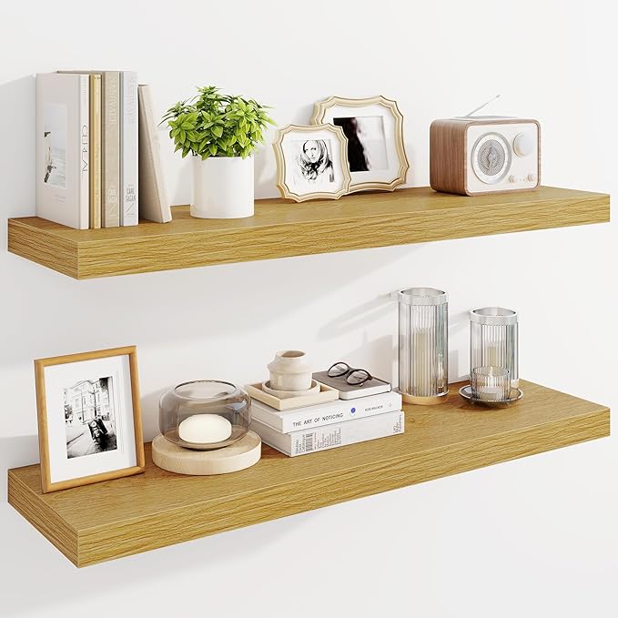 Marsmiles 36" Floating Shelves for Wall, Wooden Shelves with Invisible Brackets Set of 2, Rustic Farmhouse Wall Mounted Shelf for Kitchen Bathroom Living Room Study, Natural Oak