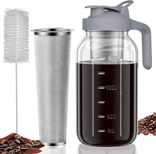 Cold Brew Coffee Maker Jar - 64oz Wide Mouth,LeakProof,Heavy Duty Glass Mason Pitcher with Spout Lid,Handle & Stainless Steel Filter for Iced Coffee,Lemonade,Ice Tea & Fruit Drinks