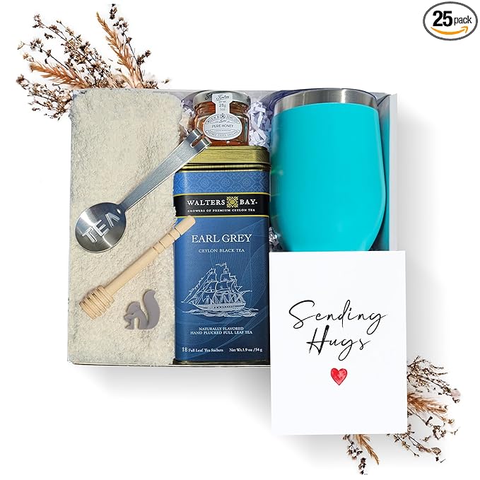 Tea Gift Set for Women – Get Well Basket with Cozy Socks, 18 Full Leaf Sachets, Honey, Tumbler & Sending Hugs Card (Earl Grey)