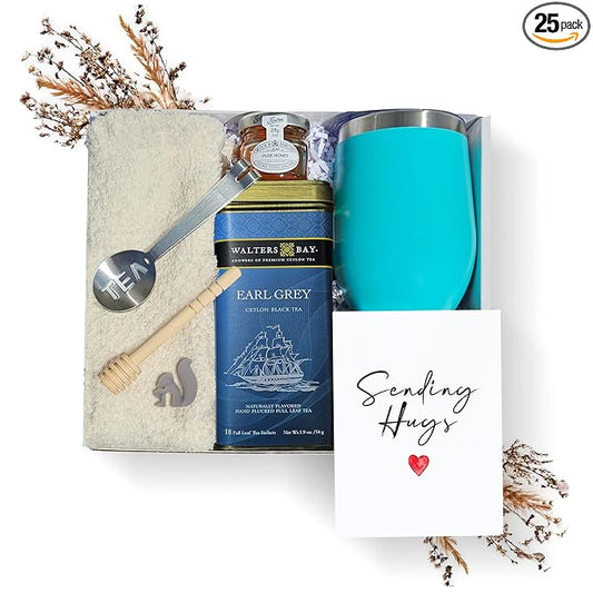 Tea Gift Set for Women – Get Well Basket with Cozy Socks, 18 Full Leaf Sachets, Honey, Tumbler & Sending Hugs Card (Earl Grey)